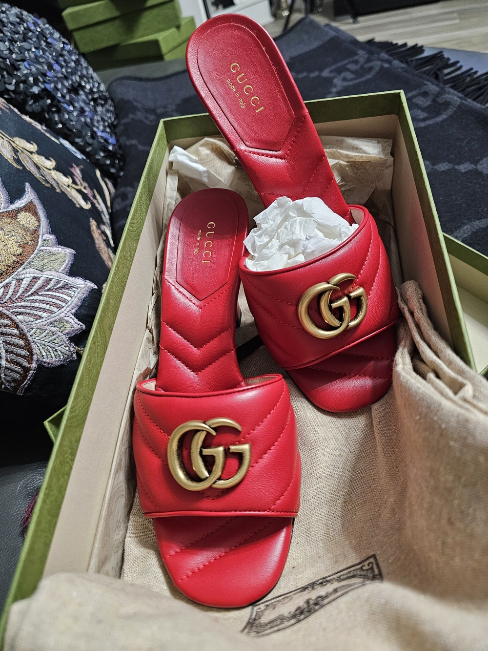 New Gucci Red Marmont Quilted Slide Sandals 37.5